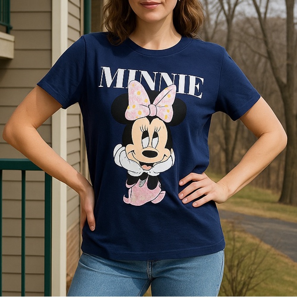 🆕🦋 Disney Minnie Mouse Graphic T-Shirt Navy Blue Short Sleeve Tee Size XL Casual - Picture 1 of 7